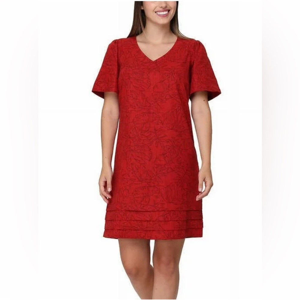 🔥NWT Nicole Miller Women’s Linen Blend Red V-Neck Short Sleeve Dress XXL